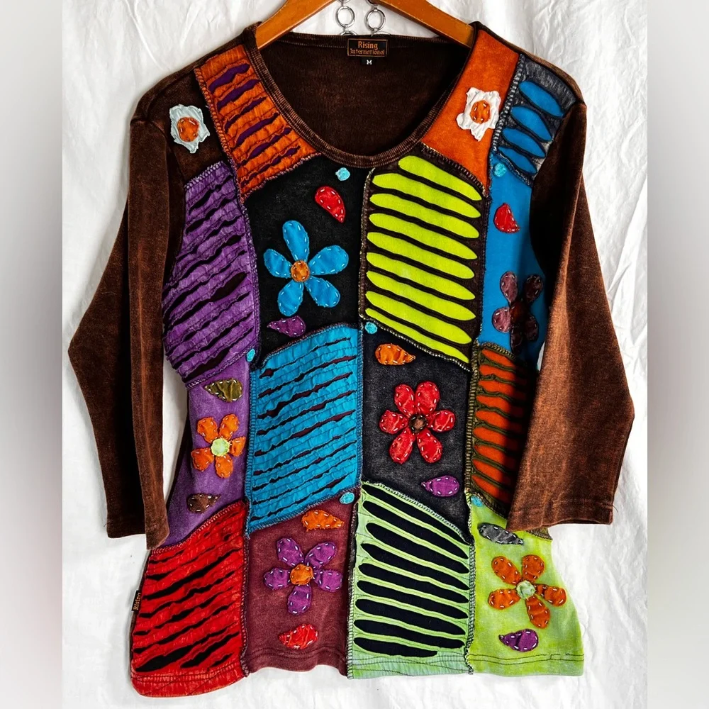 Rising International Hippie Boho Patchwork Shirt Women Medium Embroidered Flower - Picture 16 of 16